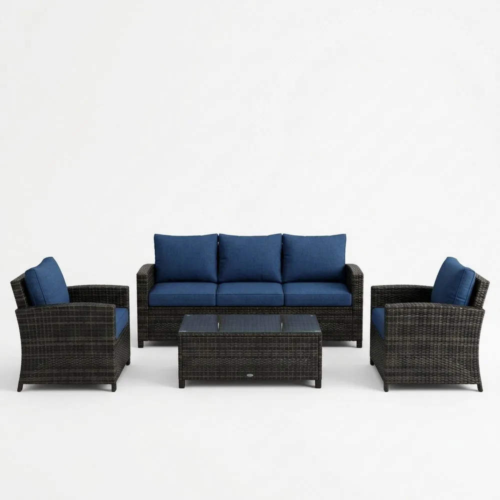 Polyrattan-Garten-Sofa-Set in Dunkelgrau/Blau