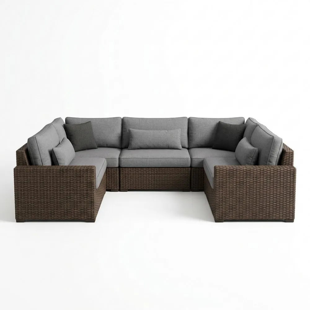 Garten-Ecksofa-Set aus Rattan mit Aluminiumrahmen und Kissen in Braun/Grau
