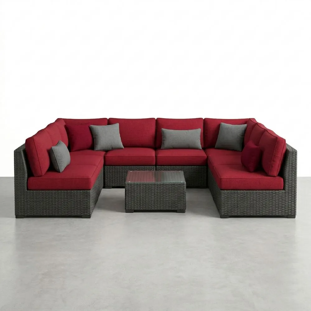 Garten-Loungeset aus Rattan Rot/Grau mit Tisch