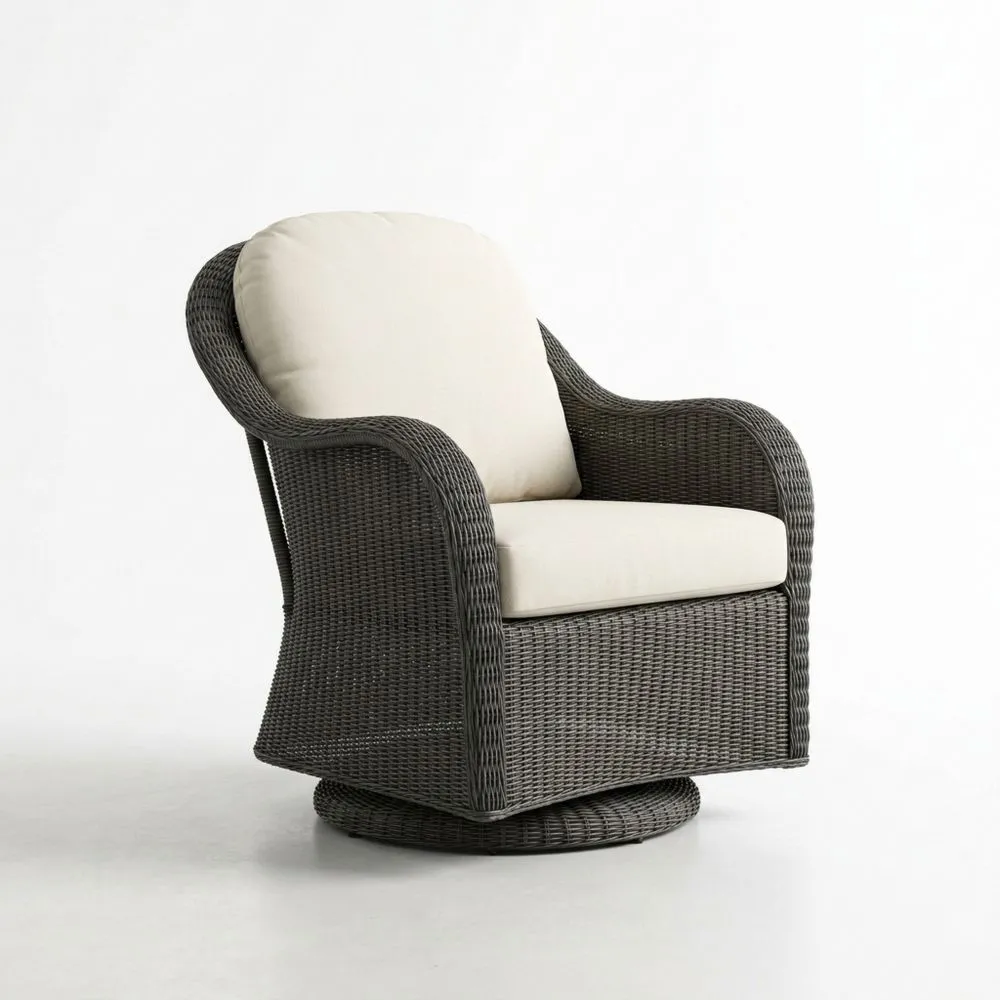 Drehbarer Outdoor-Relaxsessel aus Polyrattan mit grau/beigem Kissen