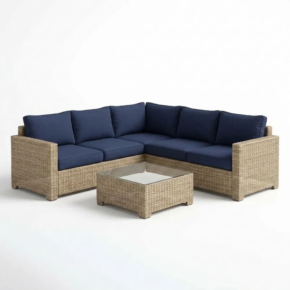 Outdoor Ecksofa Set Polyrattan Blau mit Glas Tisch