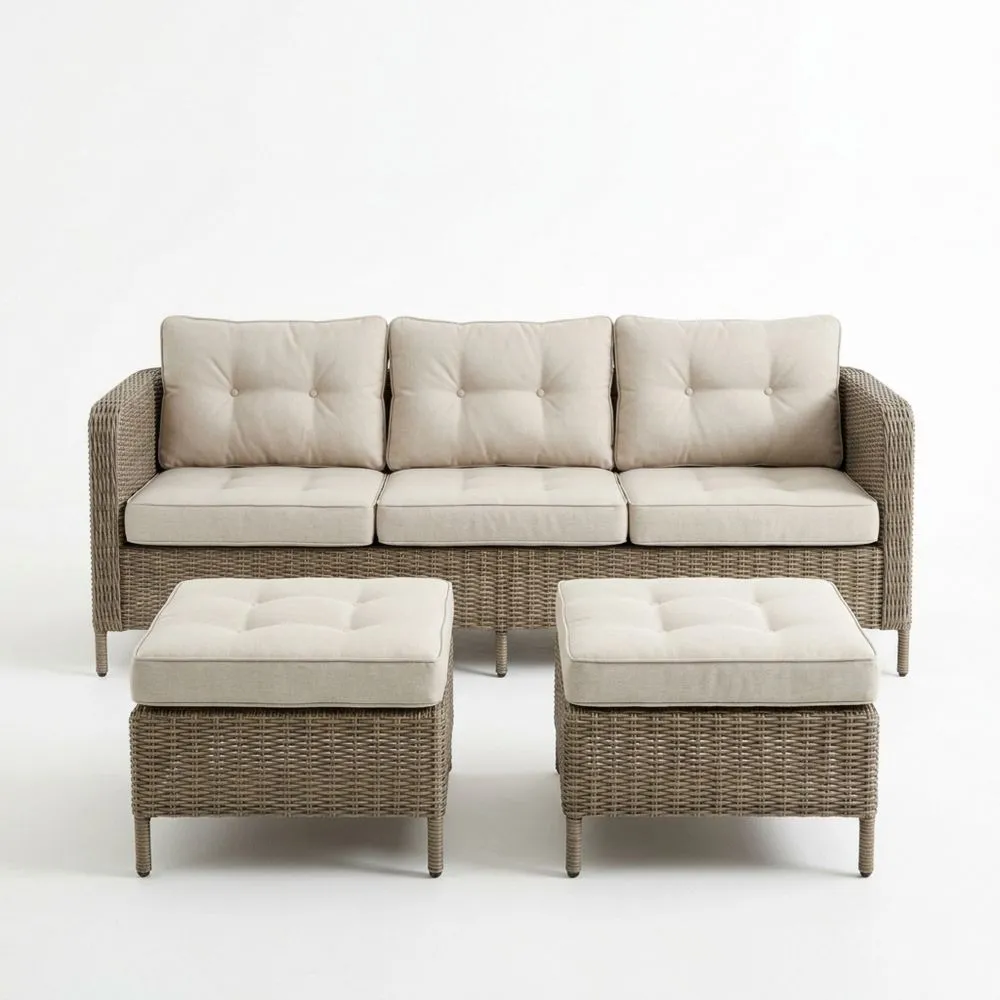 Rattan-Garten-Sofa-Set mit Hockern in Beige