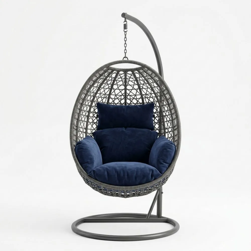 Outdoor Hängesessel Ei-förmig mit Stahlgestell und Dunkelblauen Kissen