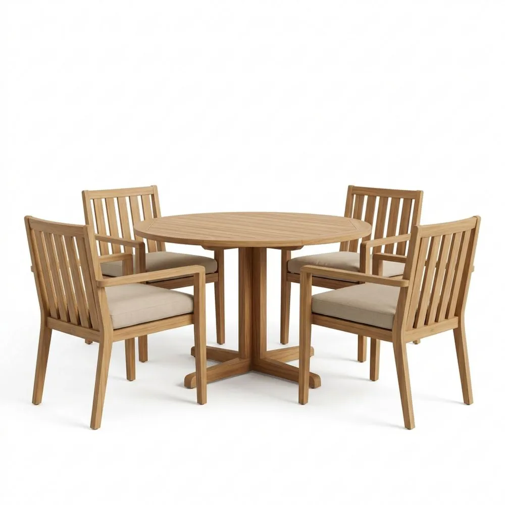 Garten-Essgruppe aus Eukalyptusholz mit rundem Tisch, 4 Stühlen und beigen Kissen