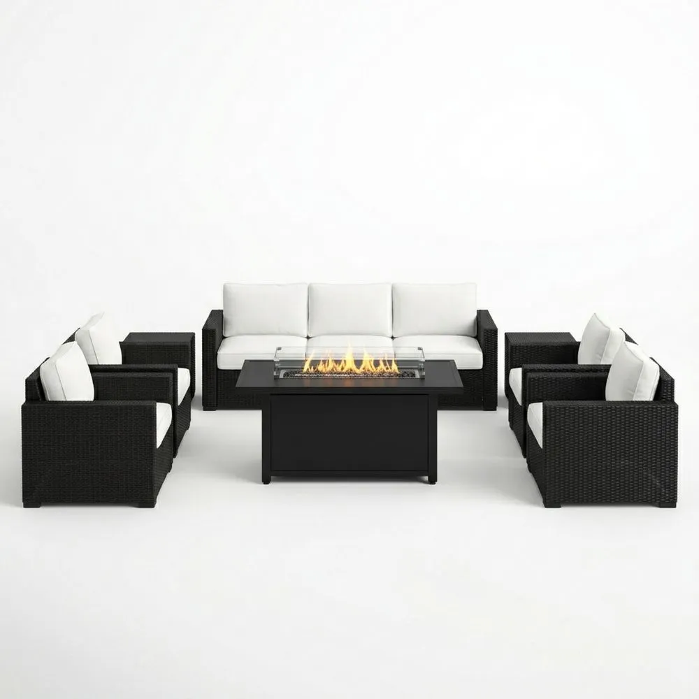 Garten-Sofa-Set aus Polyethylen-Rattan mit Feuertisch in Schwarz/Weiß