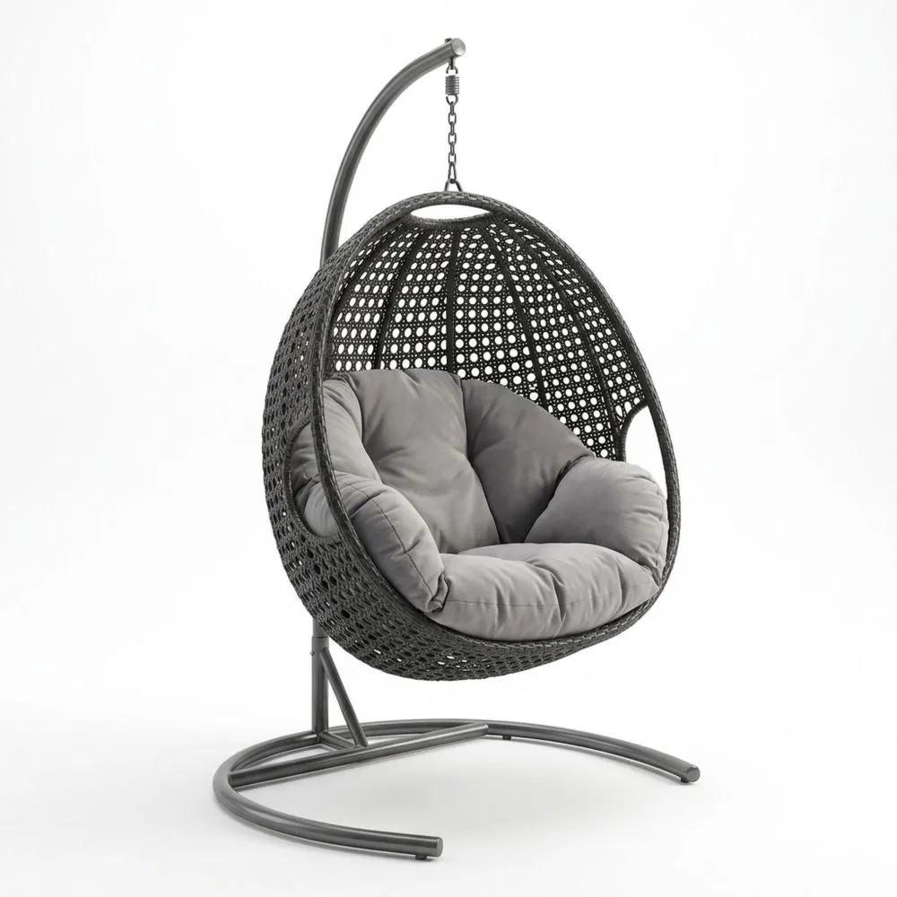 Hängesessel Rattan mit Stahlrahmen und Polyesterkissen Grau
