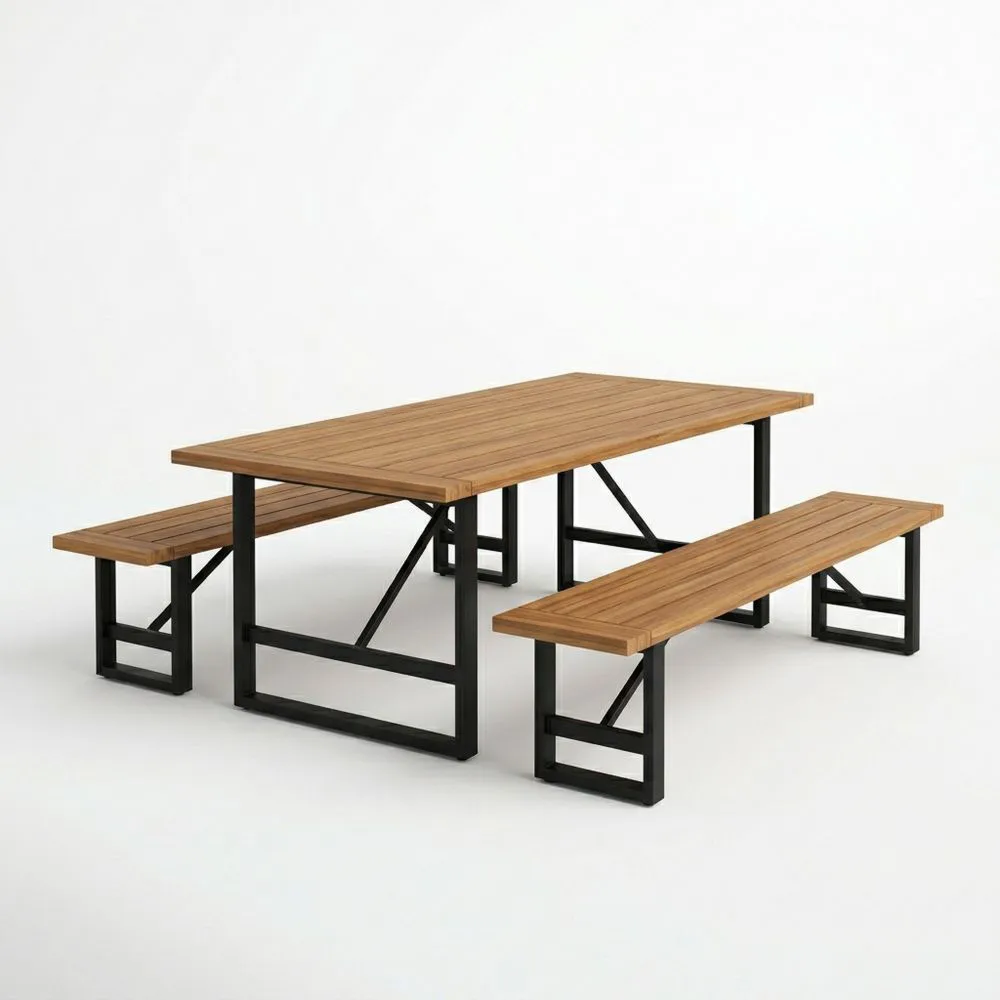 Garten-Essgruppe aus Eichenholz und Stahl mit Tisch und Bänken