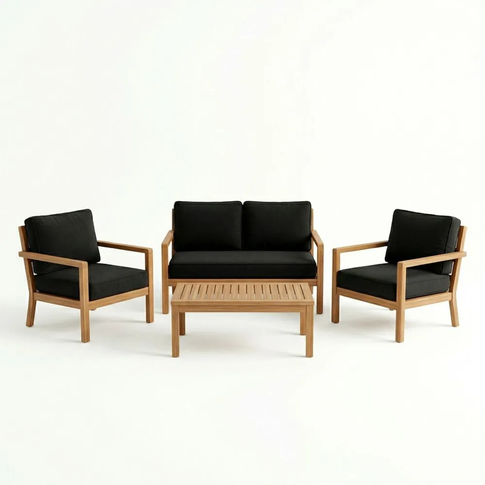 Teakholz-Garten-Sofa-Set mit schwarzen Kissen