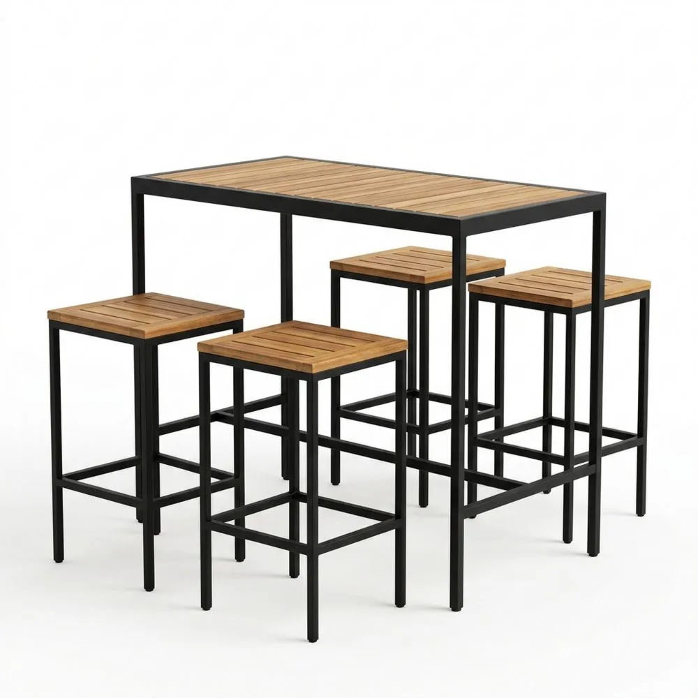 Stahl-Bar-Set mit Hockern aus Akazienholz in Natur/Schwarz