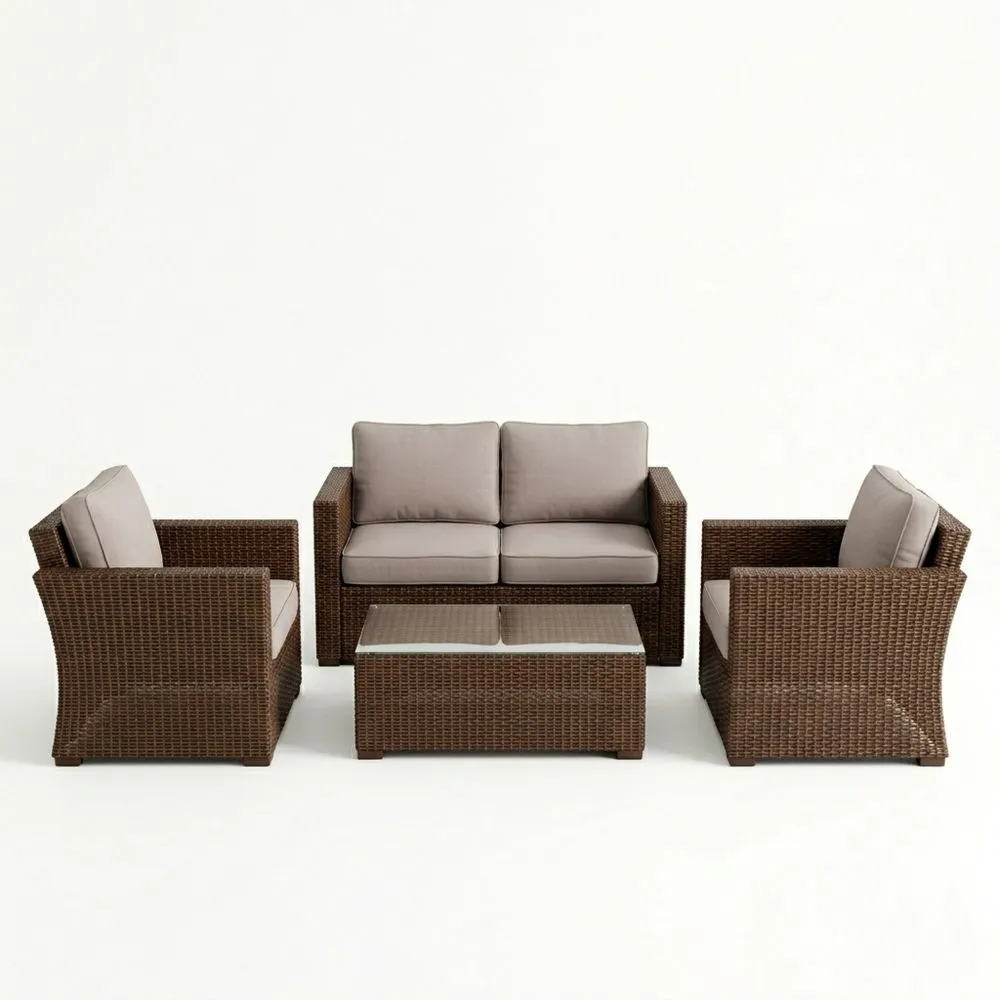 Polyrattan-Garten-Sofa-Set in Braun mit Polyesterkissen und Glastisch