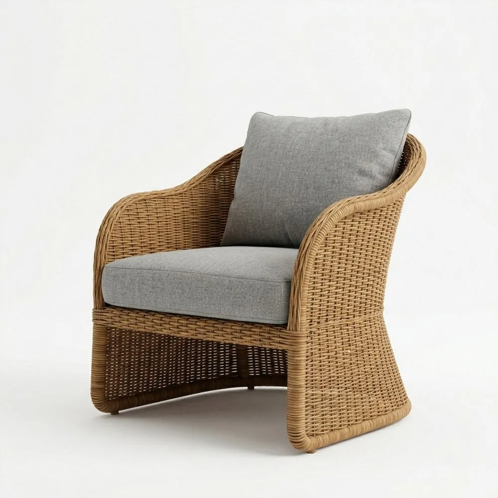 Outdoor-Relaxsessel aus Rattan in Natur/Grau mit Kissen