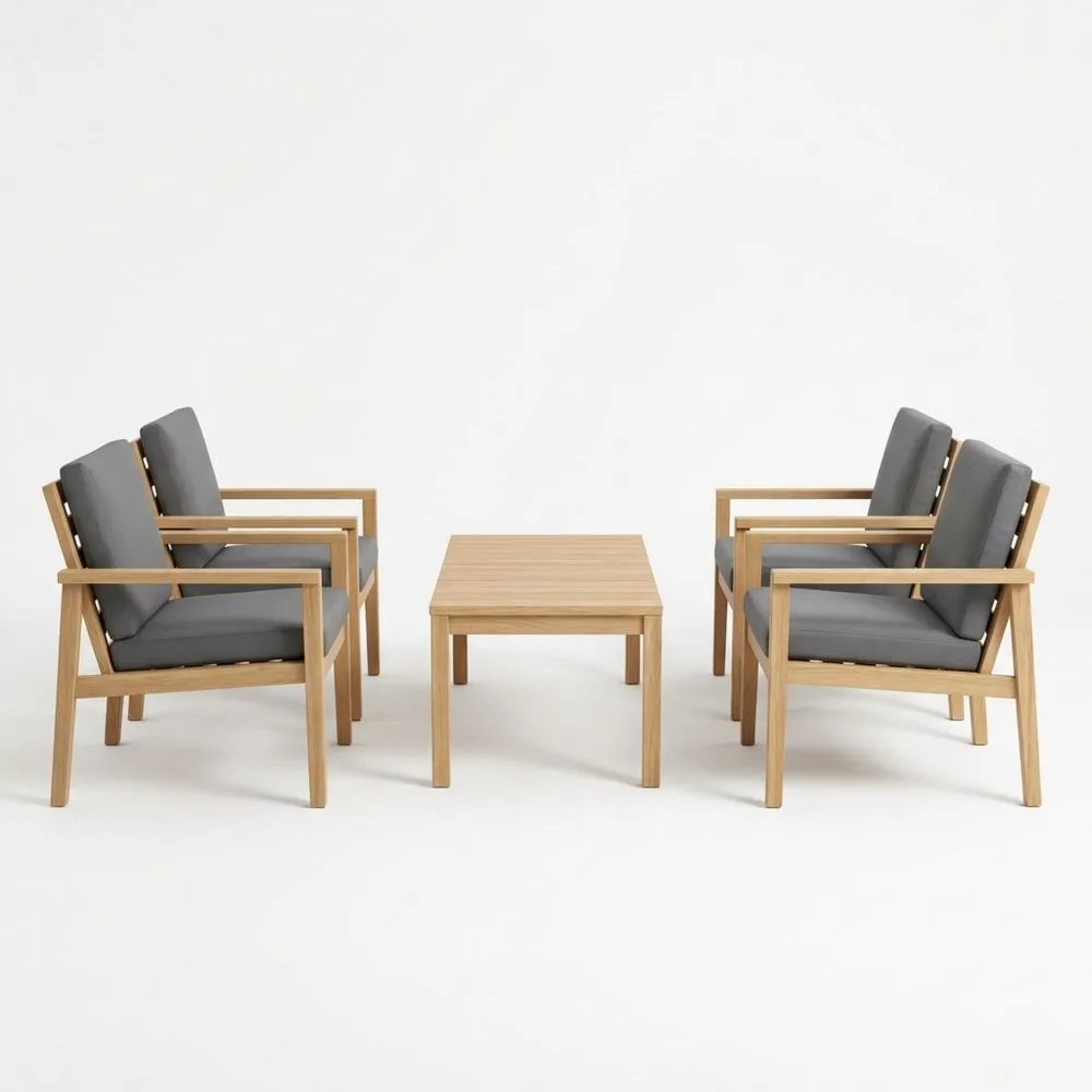 Teakholz Gartenset mit grauen Polyesterkissen