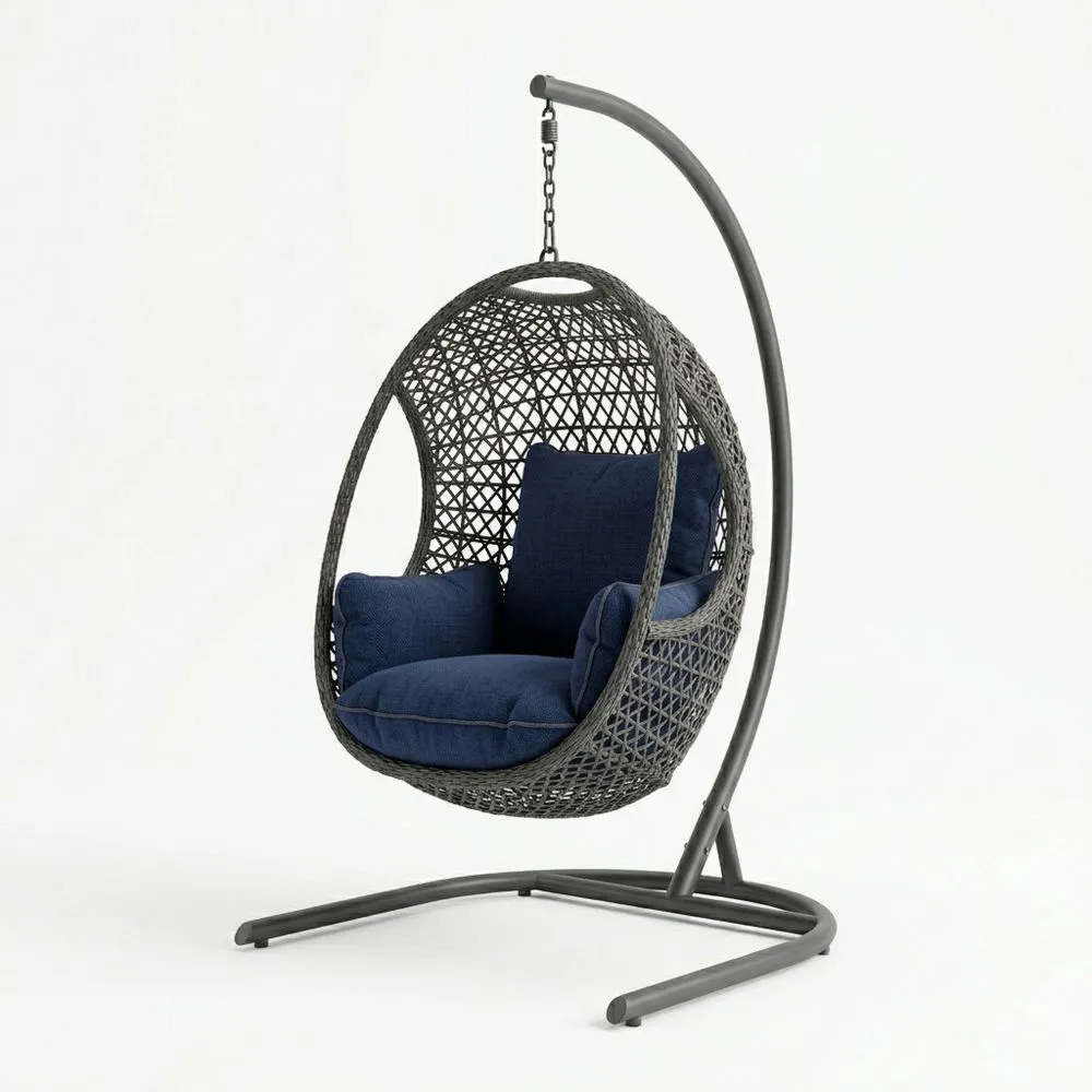 Rattan Hängesessel mit Gestell Aluminium Grau Dunkelblau