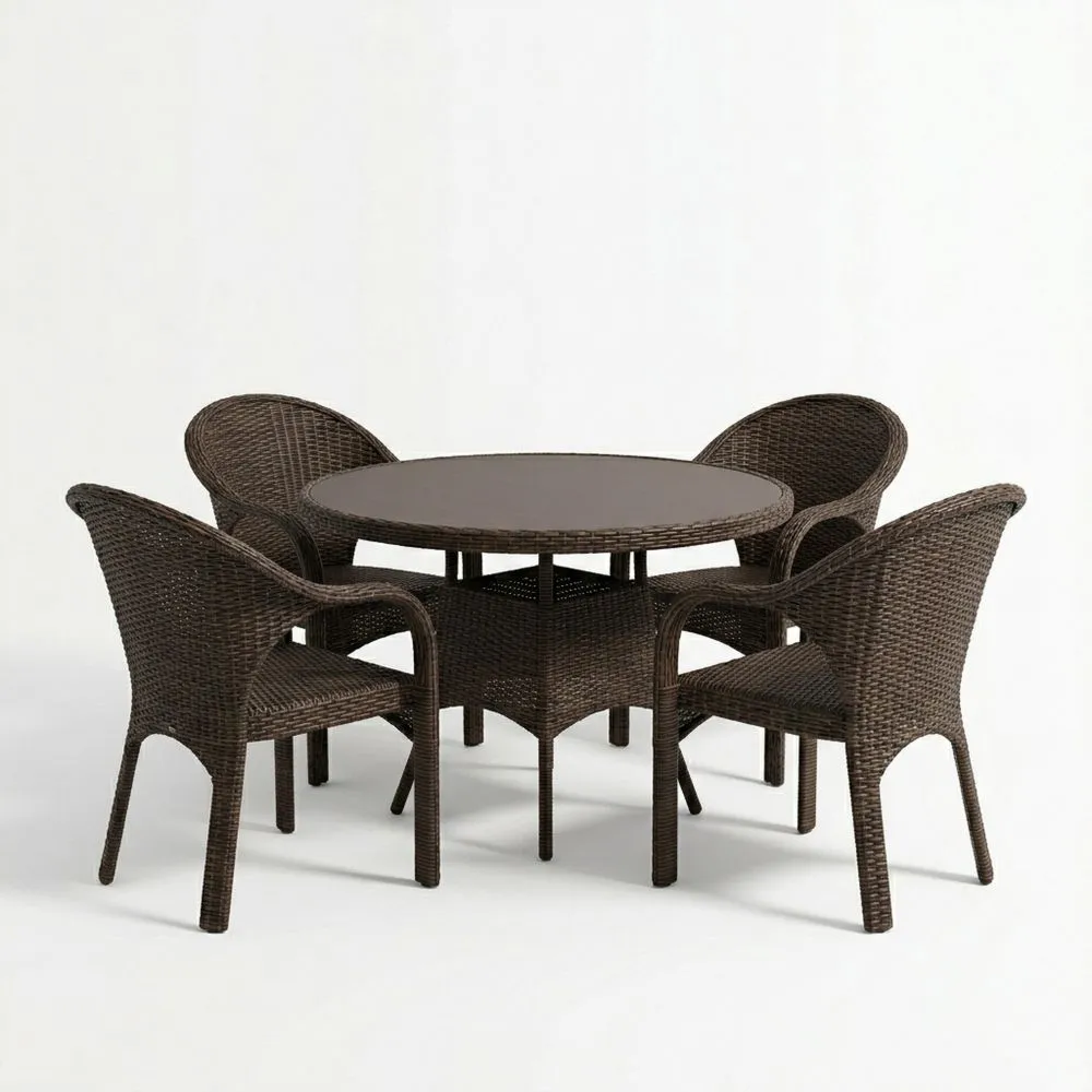 Rattan-Garten-Essgruppe mit rundem Tisch und 4 Stühlen in Braun