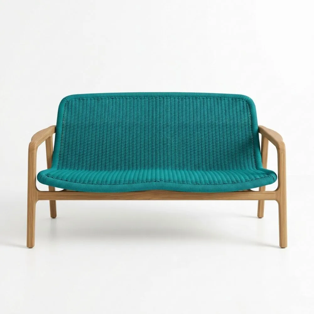 Gartenbank aus Teakholz mit petrolfarbenem Polypropylen-Gewebe, Gesamtlänge 120 cm