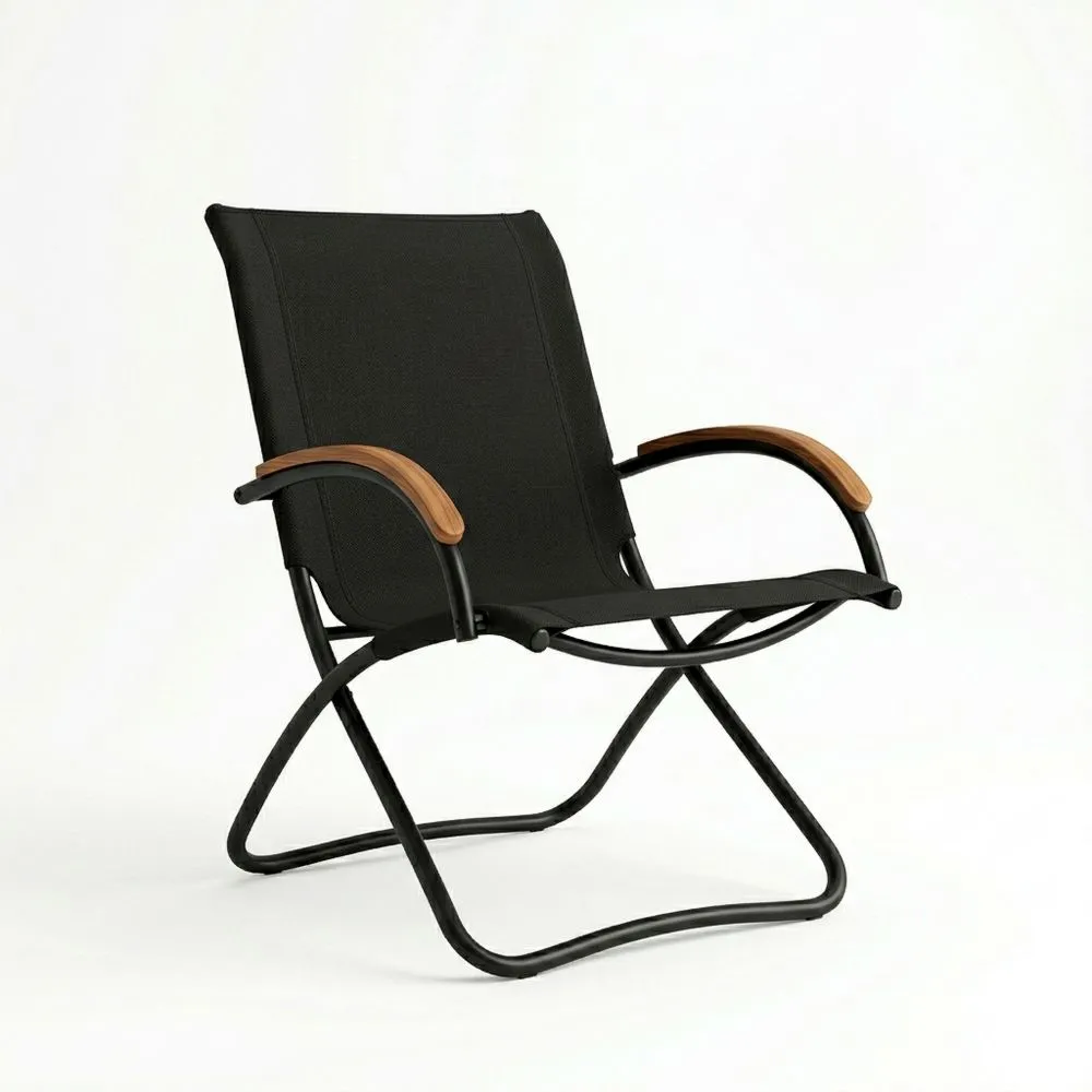 Klappbarer Outdoor-Relaxstuhl aus Aluminium in Schwarz mit Polyester und Hartholz