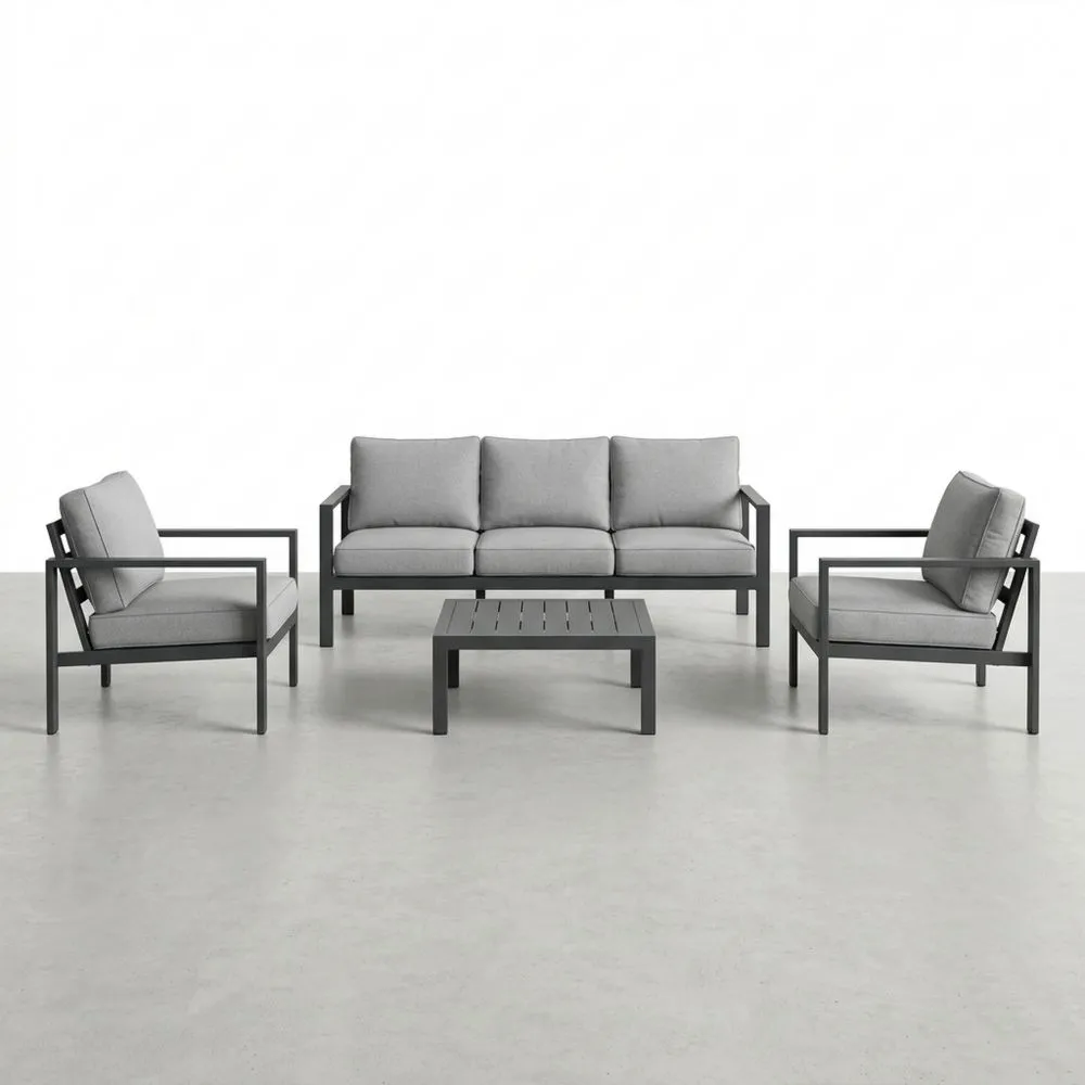 Aluminium-Garten-Sofa-Set mit 3-Sitzer-Sofa, 2 Sesseln und Tisch in Grau