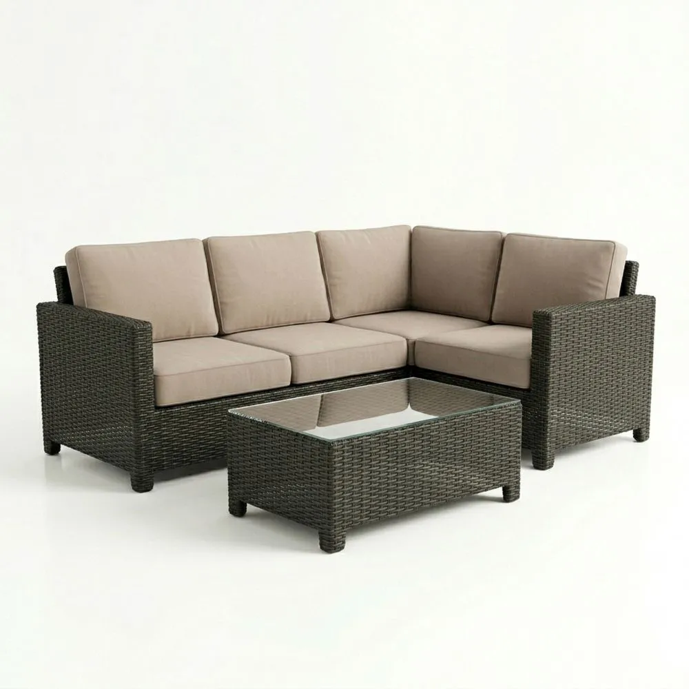 Rattan-Garten-Ecksofa-Set mit Kissen und Glastisch, 3-Sitzer, Stahlrahmen, Rattan und Glas