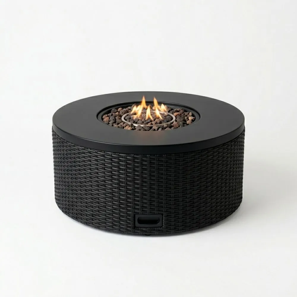 Runder Gas-Feuertisch aus Polyrattan in Schwarz
