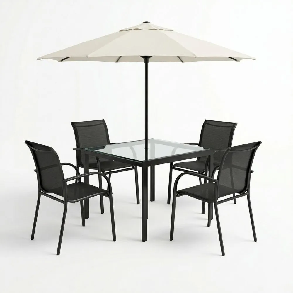 Garten-Essgruppe mit quadratischem Tisch mit Glasplatte, Stahlgestell, 4 Textilene-Stühlen und Polyester-Sonnenschirm