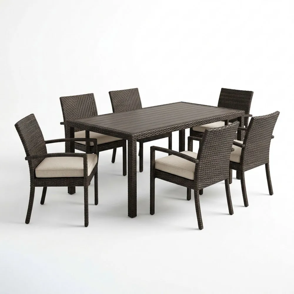 Polyrattan-Garten-Essgruppe mit Tisch und 6 Stühlen in Dunkelbraun