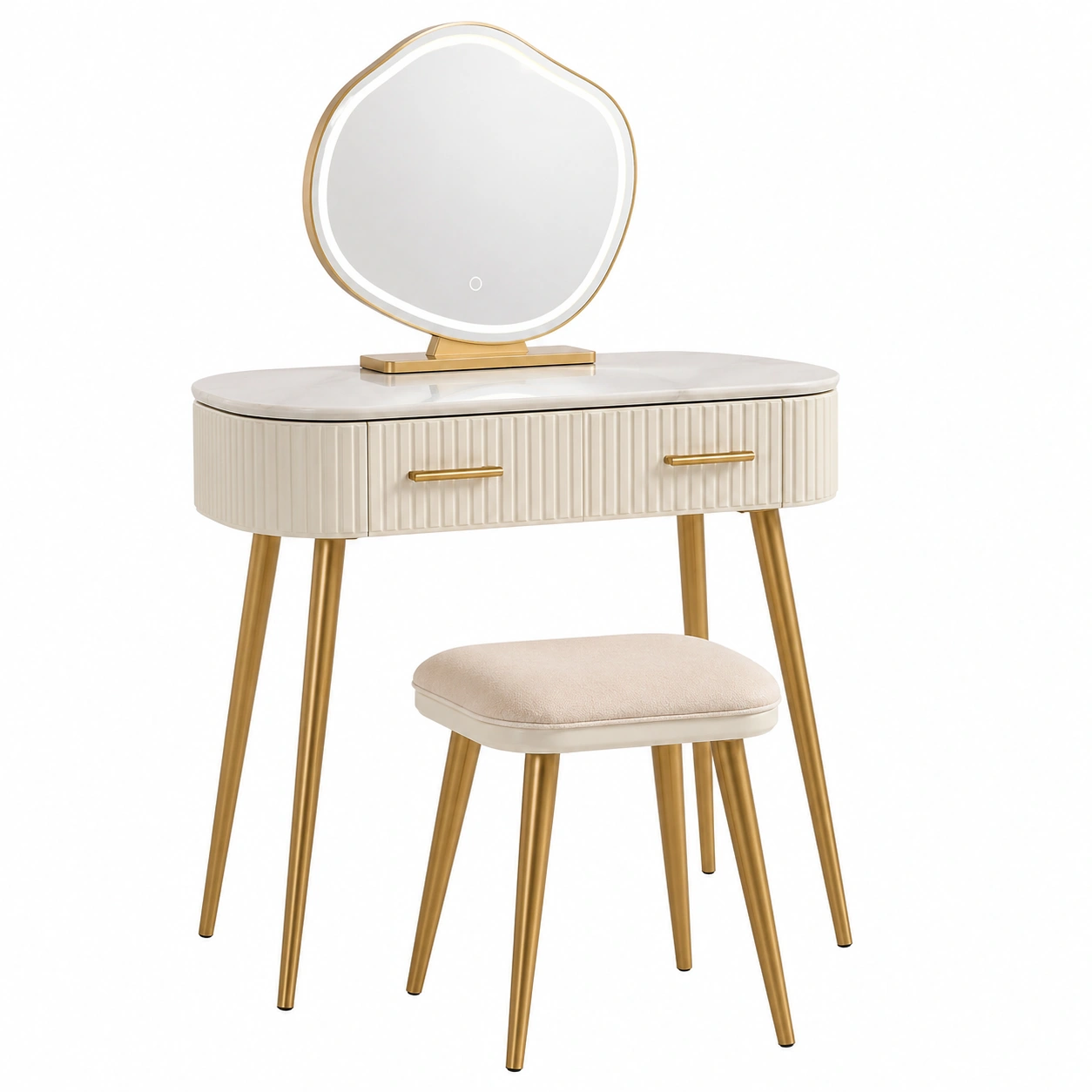 Tocador con espejo LED y taburete color crema elegante-ordermirae