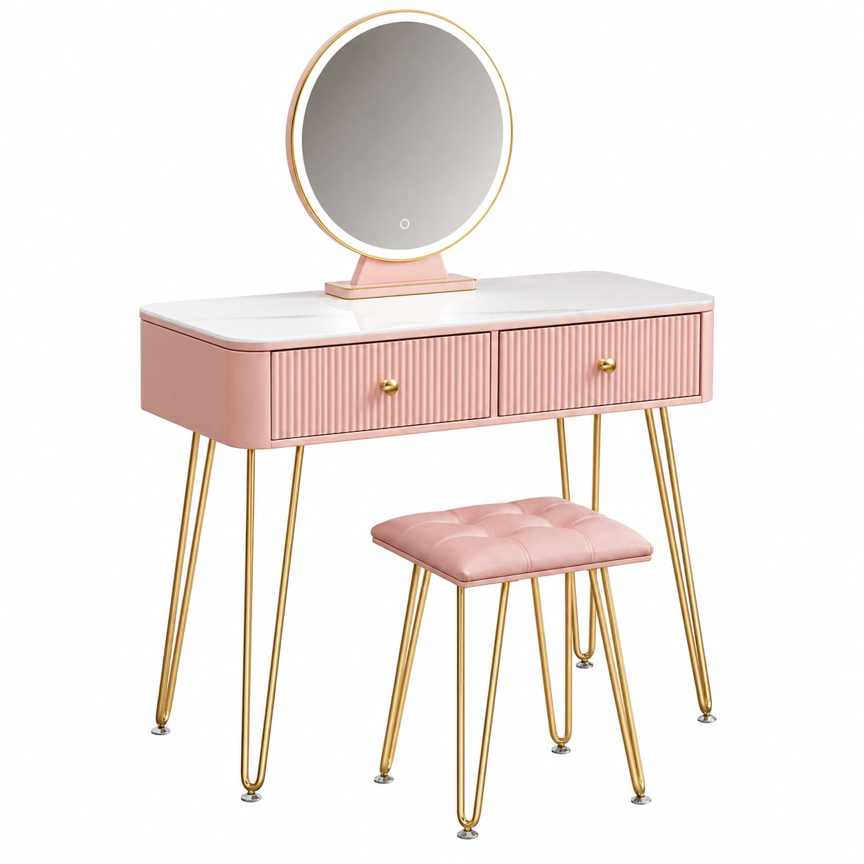 Tocador moderno con espejo LED y taburete acolchado estilo minimalista Rosa-ordermirae