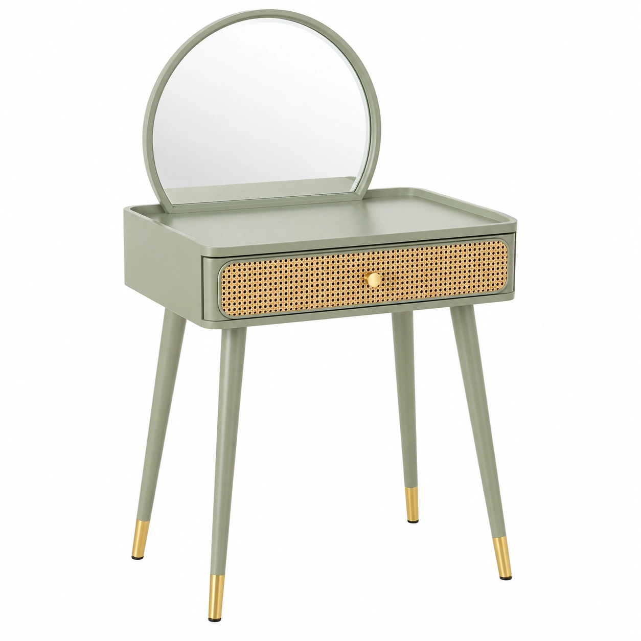 Tocador Moderno con Espejo Redondo y Cajón de Ratán Verde Oliva-ordermirae