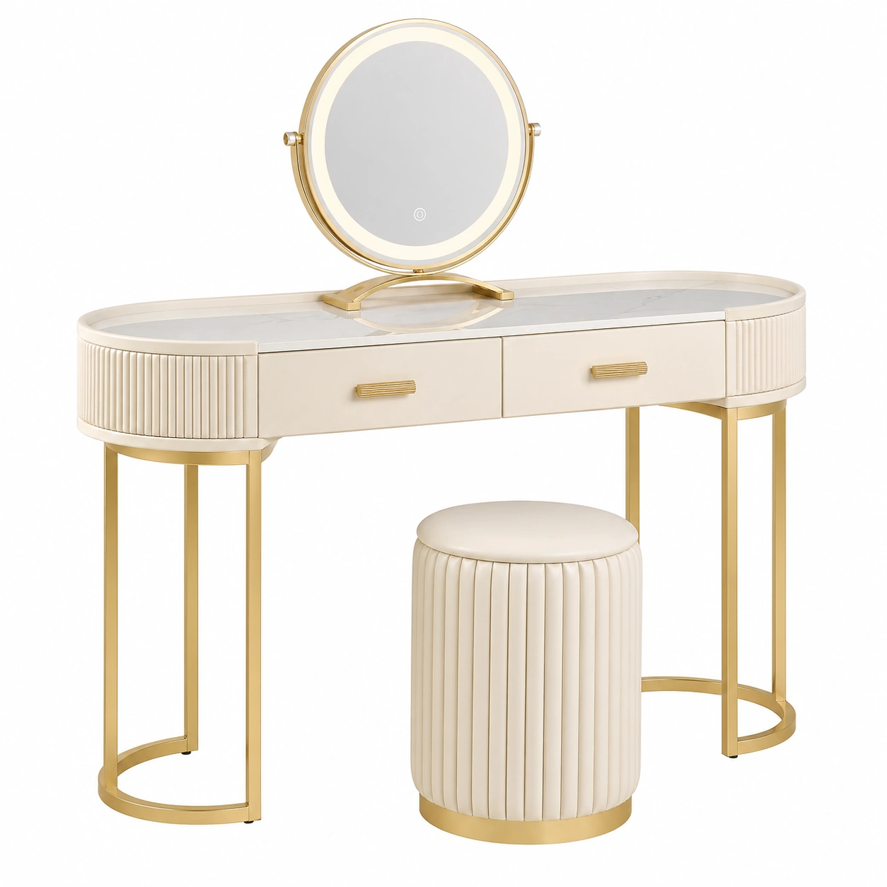 Tocador moderno con espejo LED y taburete acolchado en color crema elegante-ordermirae