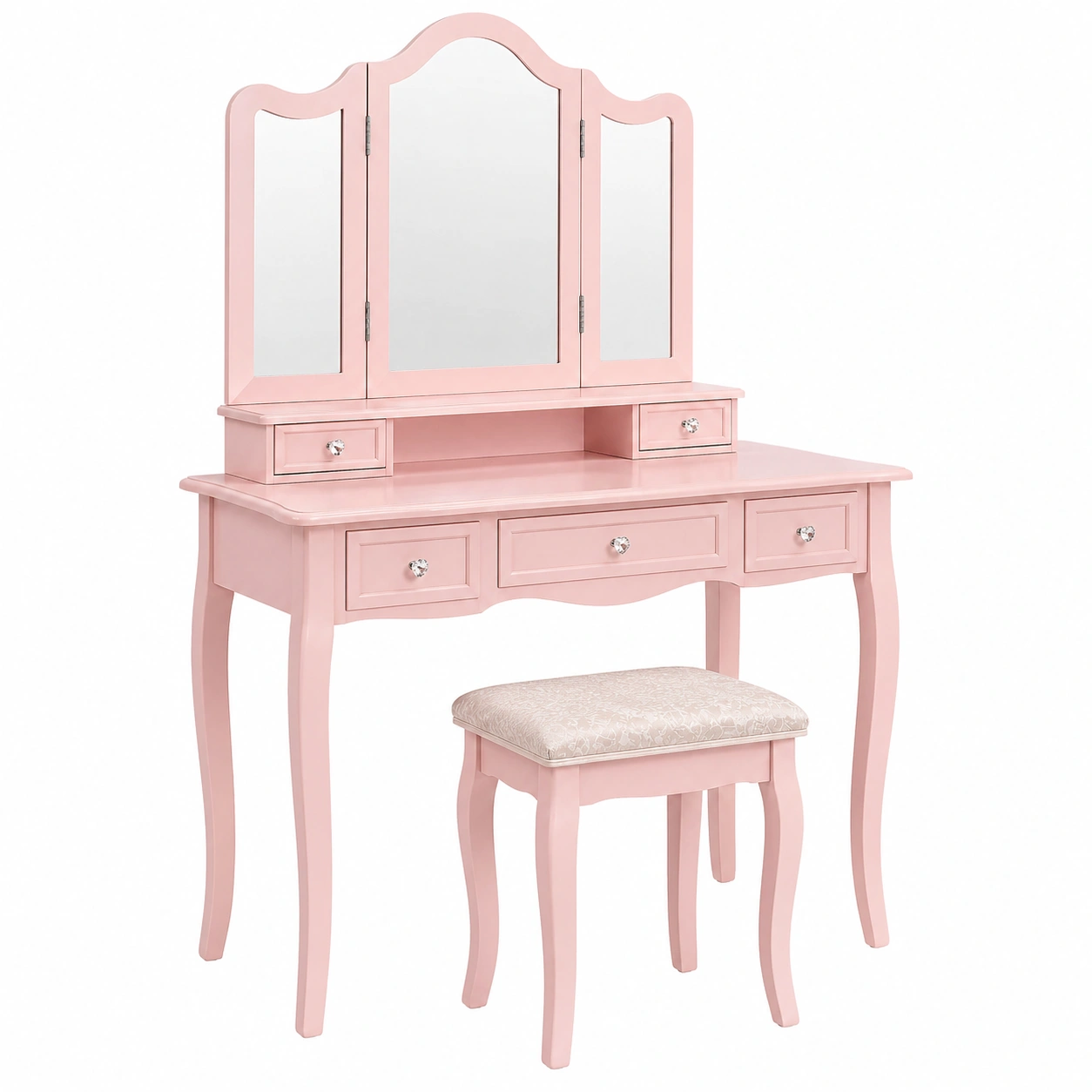 Tocador Elegante con Espejo Triple y Taburete – Dise?o Clásico Curvo en Rosa Suave-ordermirae