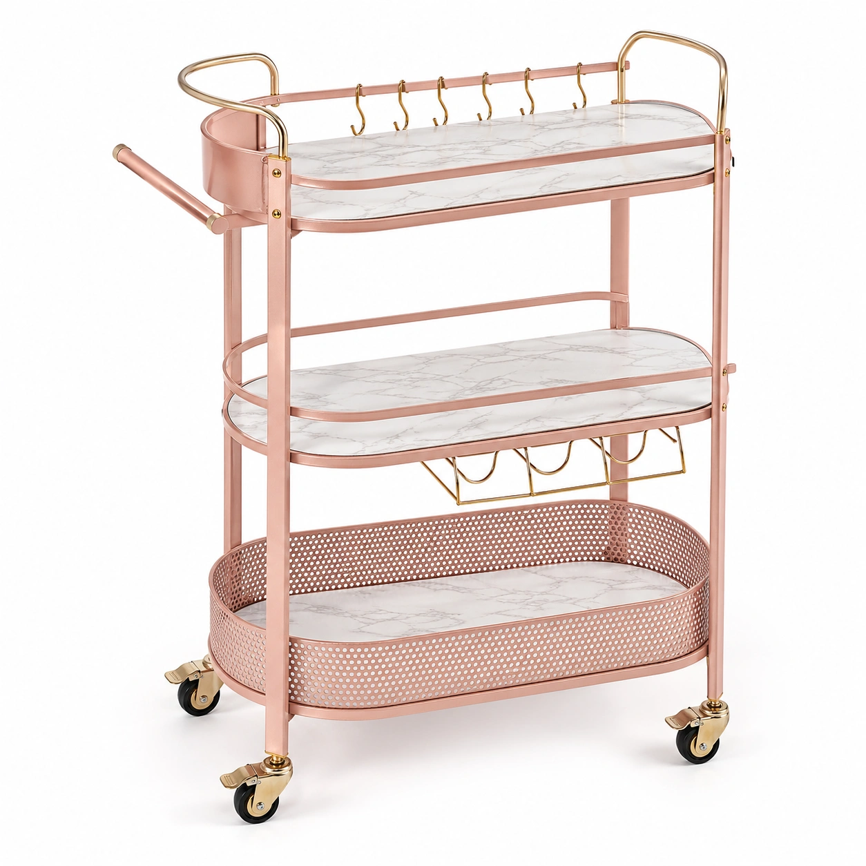 Carrito de cocina metálico con ruedas color rosa dorado y estantes efecto mármol-ordermirae