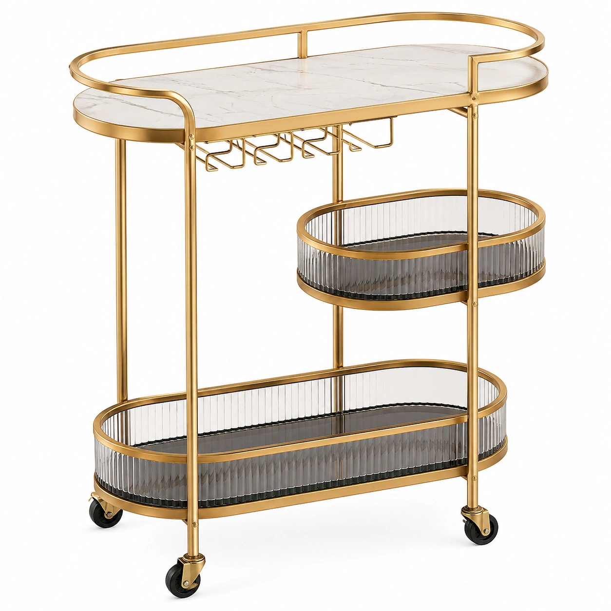 Carrito de cocina moderno dorado con estantes de vidrio y ruedas-ordermirae