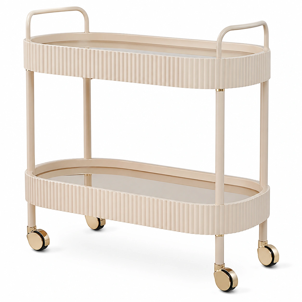 Carrito de cocina moderno de dos niveles en color crema con ruedas y asas laterales-ordermirae
