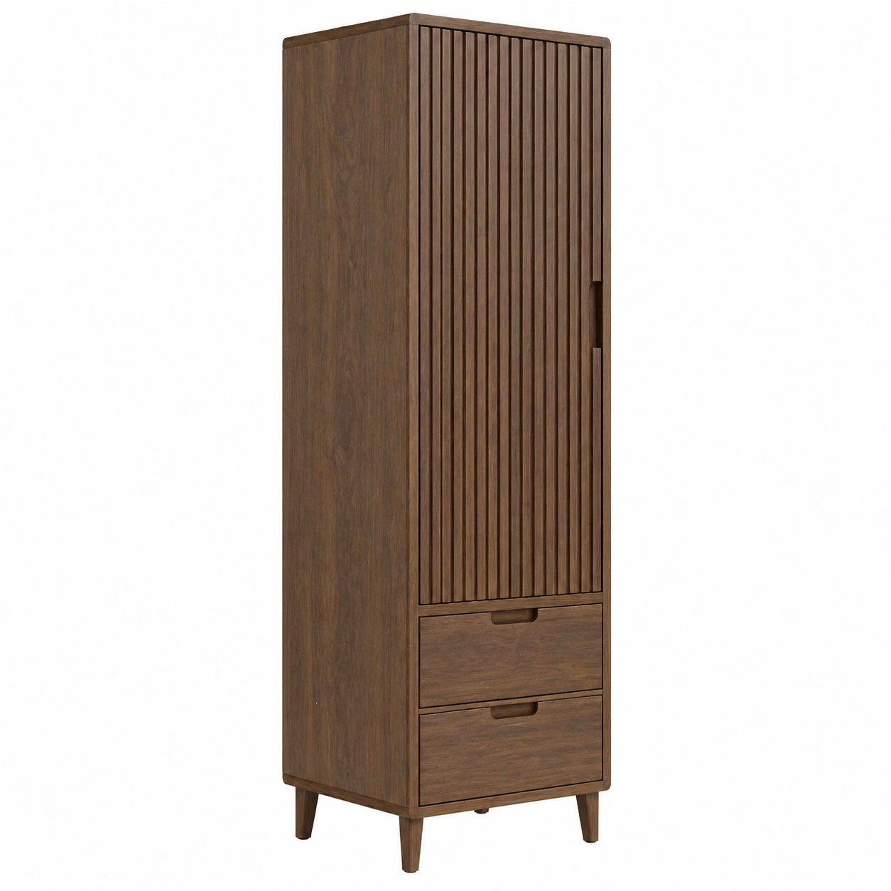 Armario alto de almacenamiento con puerta acanalada y cajones en madera marrón-ordermirae