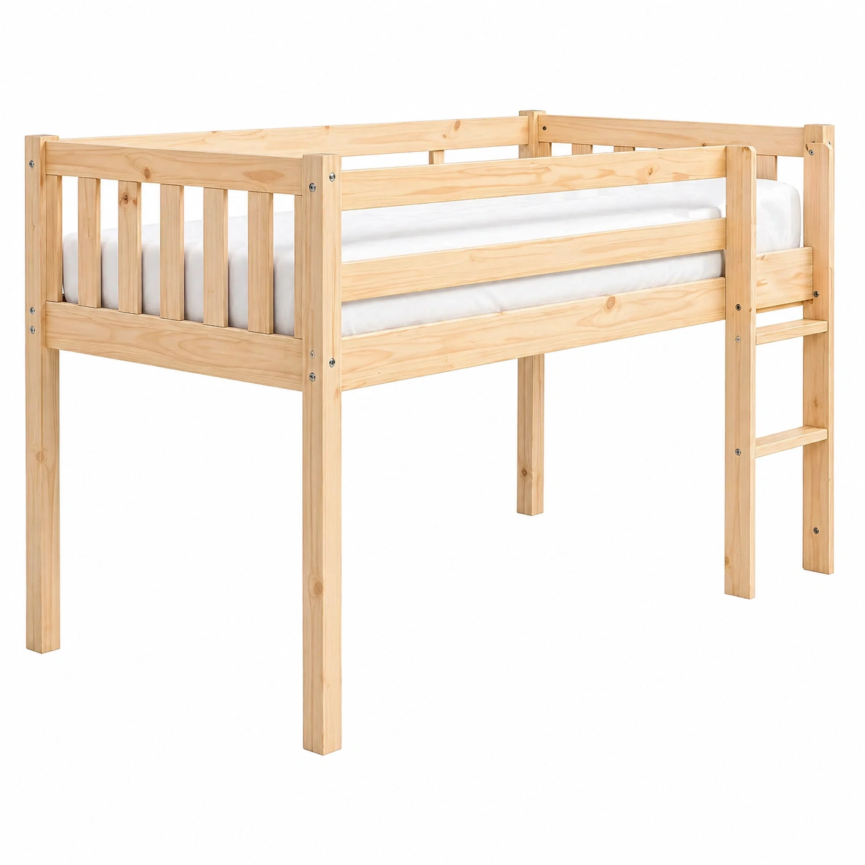 Cama alta infantil de madera maciza 90 x 200 cm con escalera integrada estilo natural-orderdaro