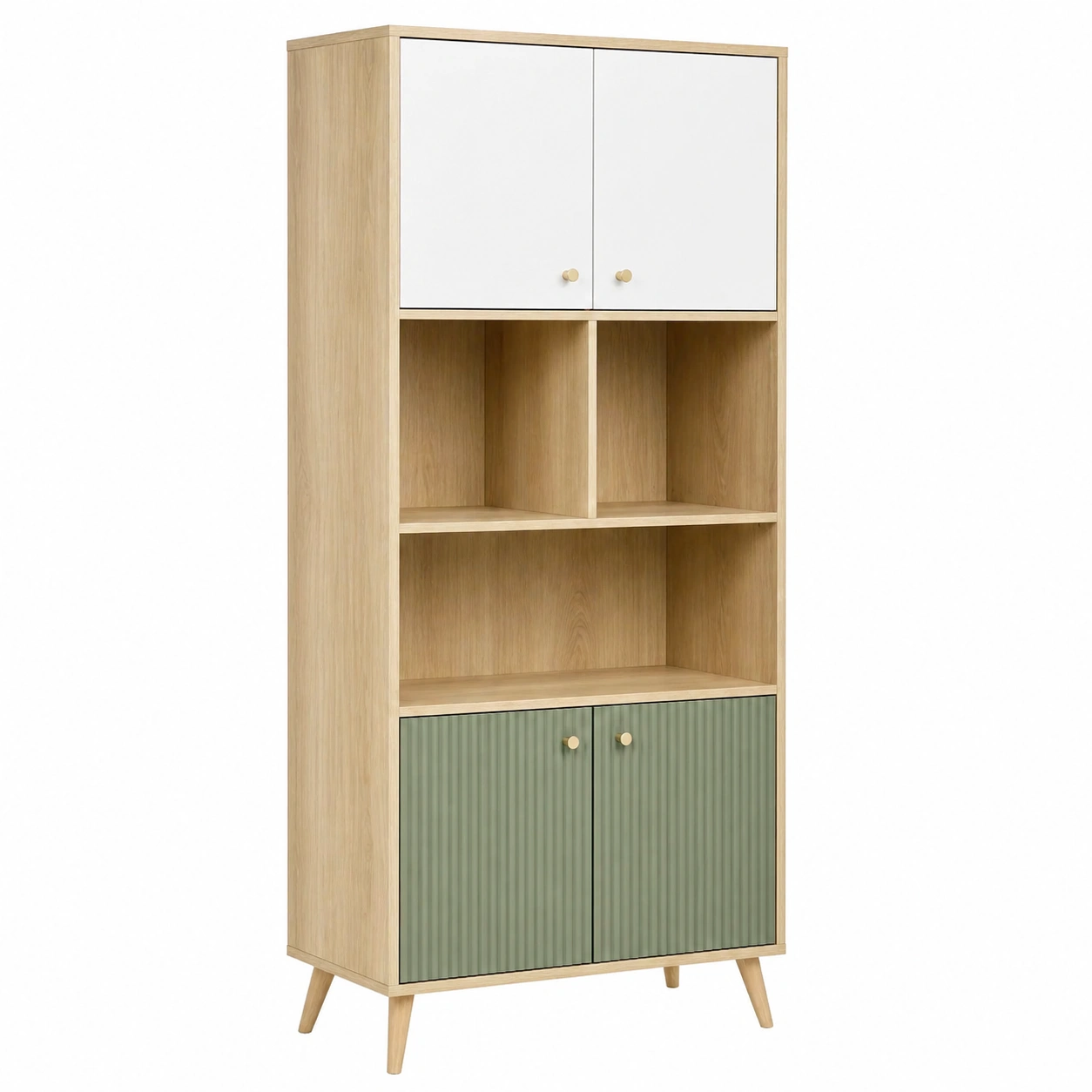 Vitrina alta moderna de madera clara con 4 puertas y compartimentos abiertos estilo nórdico-orderdaro