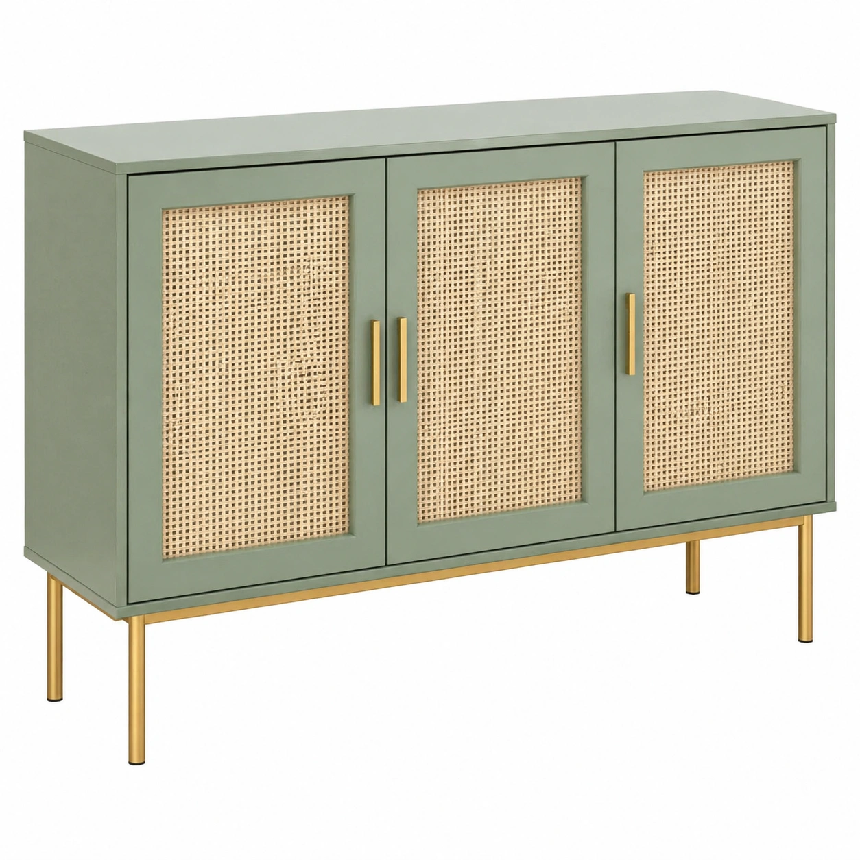 Aparador moderno de 3 puertas con panel trenzado y patas metálicas verde oliva-orderdaro
