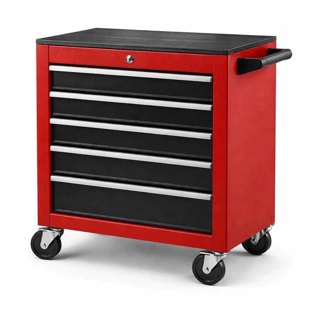 Carro de herramientas de acero rojo y negro con 5 cajones-Cozyserena