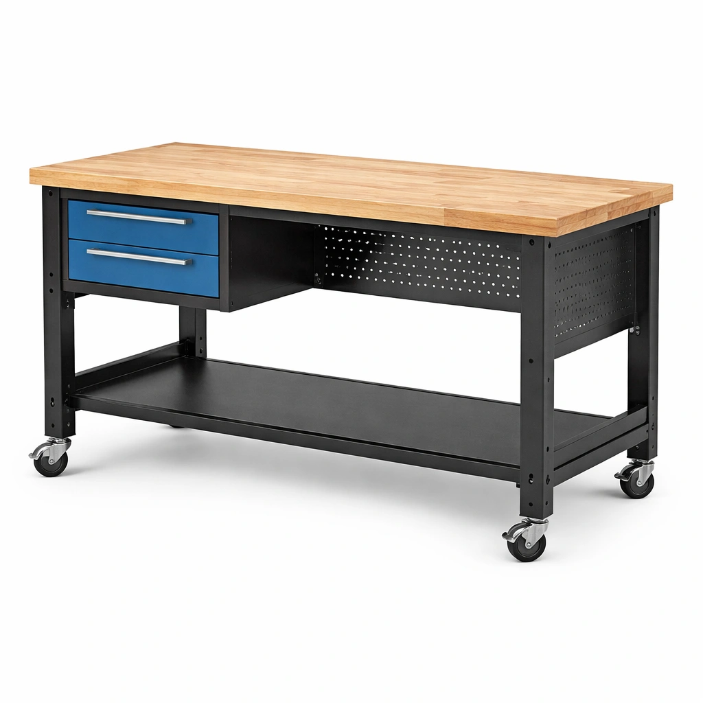 Banco de trabajo de metal con ruedas tablero de madera y cajones azules-Cozyserena