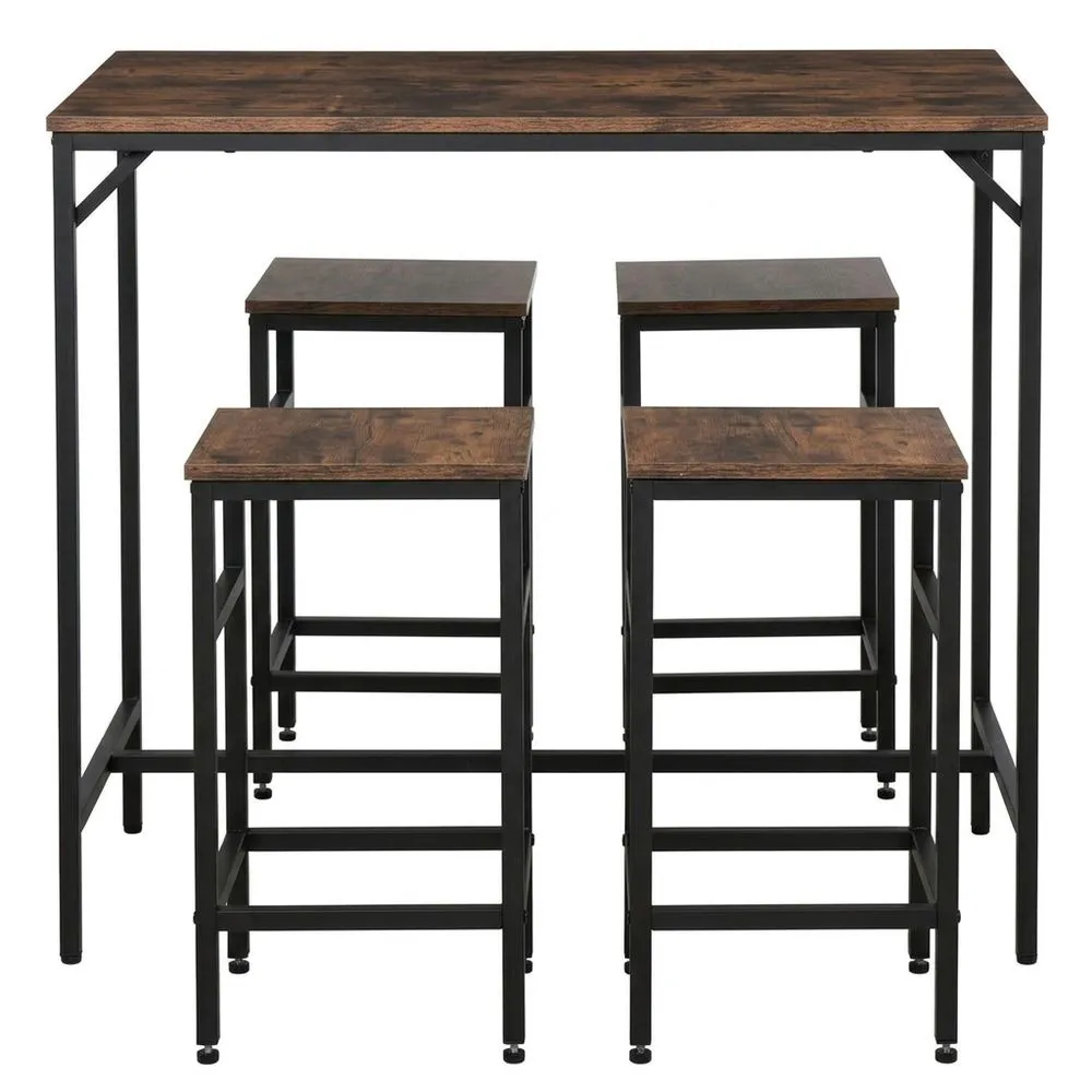 Bartisch-Set aus braunem Walnussholz mit Stahlgestell und 4 Barhockern