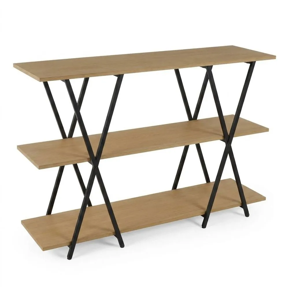 Dreistufiges Regal mit Eichenfurnier und schwarzem Stahlrahmen