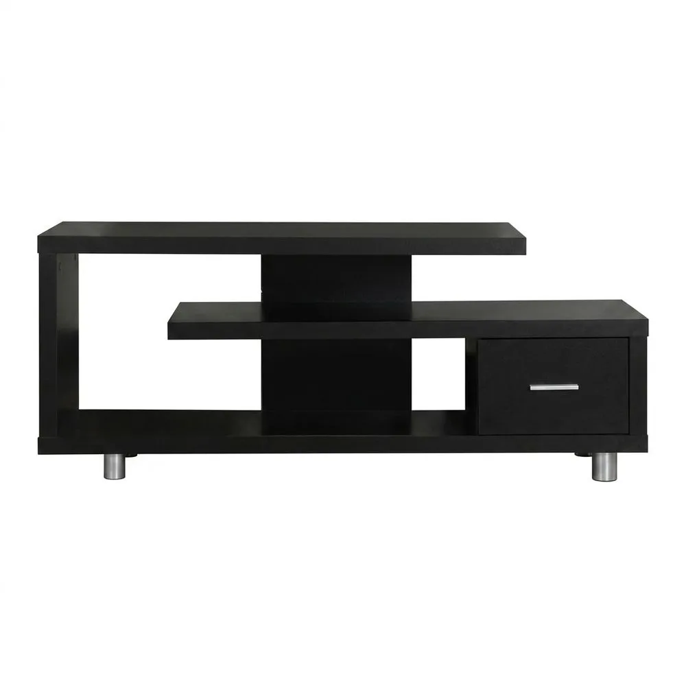 Schwarzer TV-Schrank aus MDF-Faserplatte mit Schubladen und Melaminbeschichtung.