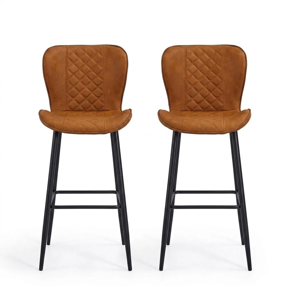 2-teiliges Barhocker-Set aus braunem und schwarzem Stahl mit Kunstlederbezug