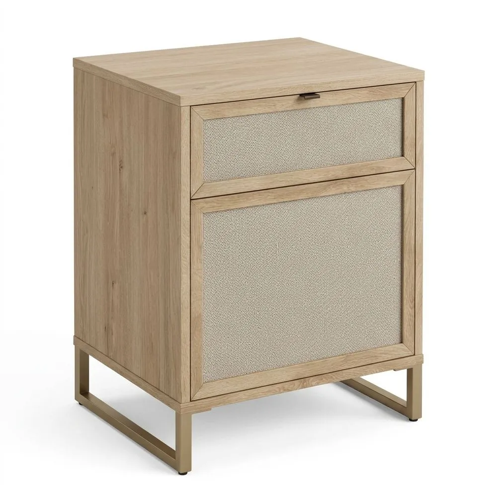 Nachttisch aus beigefarbenem Kiefernholz und Polyesterfaser