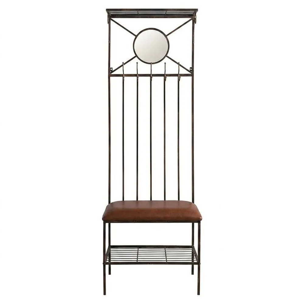 Brauner Stahlgarderobenständer mit Spiegel und PU-Lederkissen