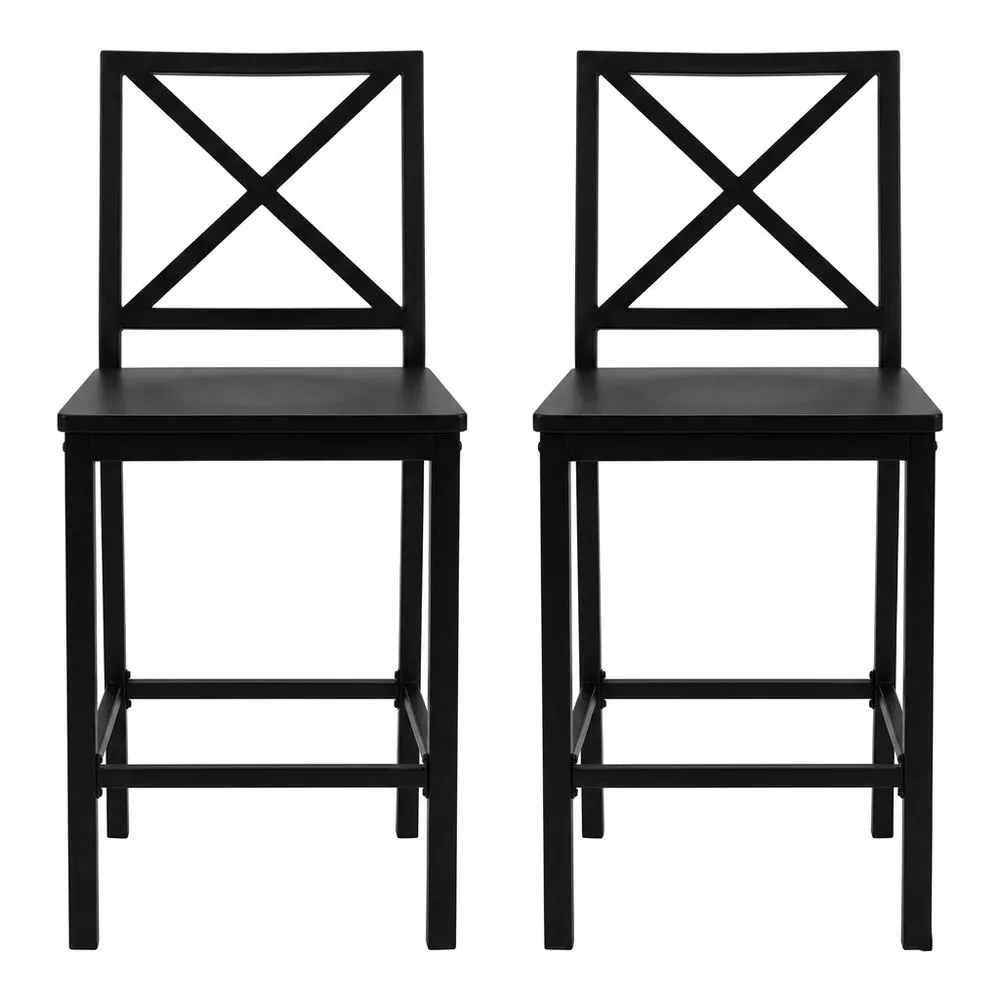 Set aus 2 schwarzen Barhockern aus Stahl mit gekreuzten Rückenlehnen