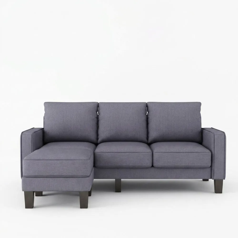 L-förmiges Sofa aus Polyestergewebe mit dunkelgrauen Kissen