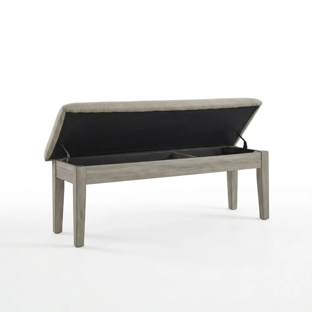 Beige Eichenholz und mit Polyesterstoff bezogene Polsterbank