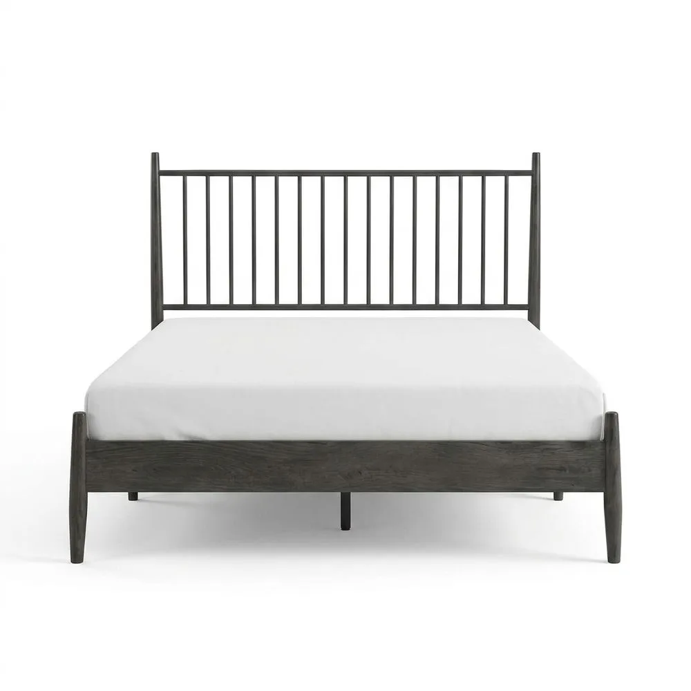 Dunkelgraues Massivholzbett mit Stahlrahmen