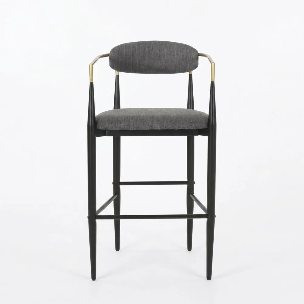 Barhocker mit Stahlrahmen und dunkelgrauem Polyestergewebe.